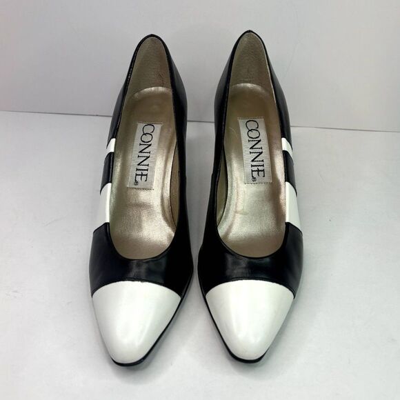Connie Italian Leather White Cap Heel Pumps Black White Comfy Womens Designer - Picture 3 of 10